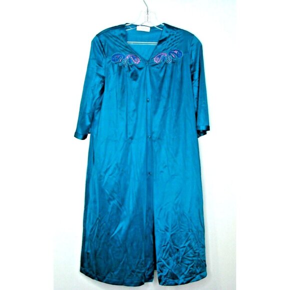 Vanity Fair Women Size M Teal Embroidered Button Front Nightgown Robe 3/4 Sleeve - Picture 1 of 10